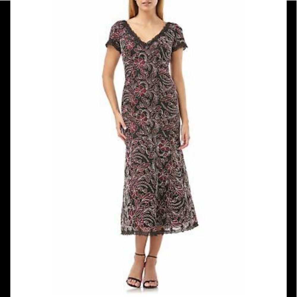 JS Collections Embroidered Mesh Gown Carbernet